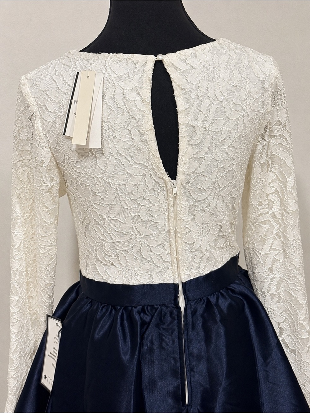Speechless Girls Size 7 Ivory Lace Navy Satin Party Dress Long Sle - Picture 3 of 10